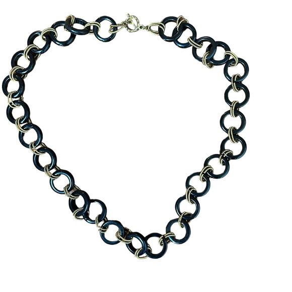 Chunky Chain Necklace 34" Faux Tortoise Shell and Metallic Circle Chain Career - Picture 2 of 4